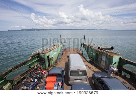TRAD THAILAND - OCTOBOR 30 2014 : ferry boat carrying land vehicle from koh chang island heading to trad port koh chang most popular traveling destination in eastern of thailand