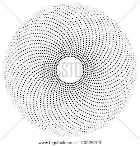 Black dots on half circle paths forming a pattern. Circle with dots in different sizes with a hole in the center. Isolated black and white illustration, on white background. Vector.