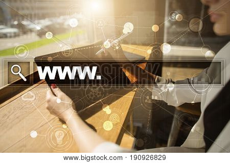 Search bar with www text. Web site, URL. Digital marketing. Business, internet and technology concept.