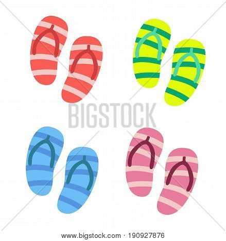 Slippers set of male and female with multicolored slippers isolated on white background. Vector stock.
