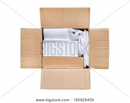 Opened package. Top view of open delivery with blank white box inside. Copy space on the box isolated on white clipping path included
