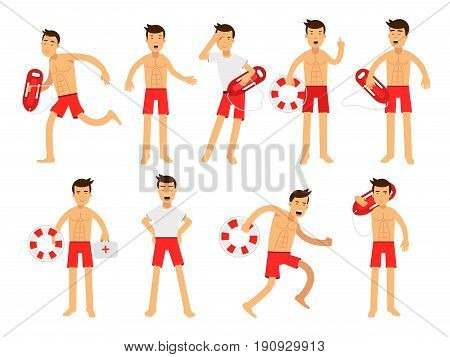 Young lifeguard man character doing his job set. Water rescue of colorful vector Illustrations isolated on a white background