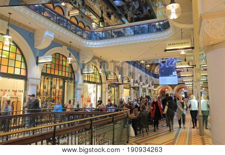 SYDNEY AUSTRALIA - JUNE 1, 2017: Unidentified people visit Queen Victoria building historical shopping mall.
