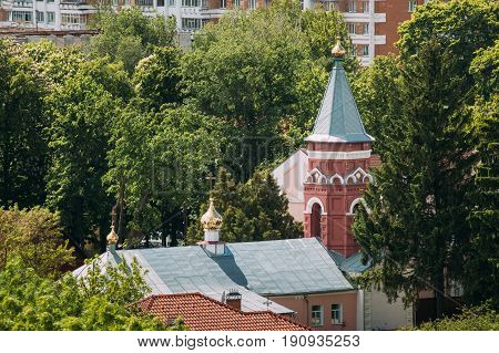 Gomel, Belarus. Aerial View Of Old Believers' Transfiguration Church. Orthodox Church At Sunny Summer Day