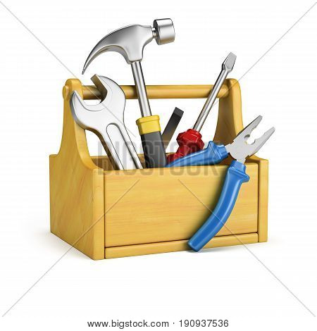Tool box with tools. 3d image. Isolated white background.