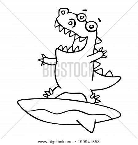 Funny dragon surfer caught a wave. Vector illustration. Cartoon cute sportsman character on surfboard.