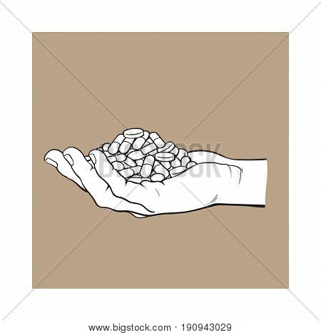 Side view hand holding pile, handful of pills, tablets, medicine, black and white sketch style vector illustration on brown background. Drawing of hand holding many pills, medicine in open palm