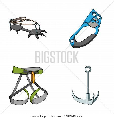 Hook, mountaineer harness, insurance and other equipment.Mountaineering set collection icons in cartoon style vector symbol stock illustration .