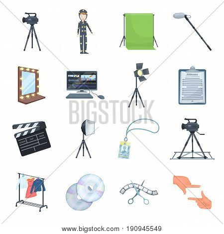 A movie camera, a floodlight, a chromakey and other equipment for the cinema.Making movie set collection icons in cartoon style vector symbol stock illustration .