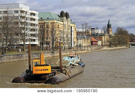 River Aura In Center Of Finnish City Turku