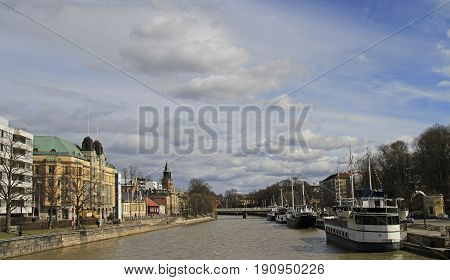 River Aura In Center Of Finnish City Turku