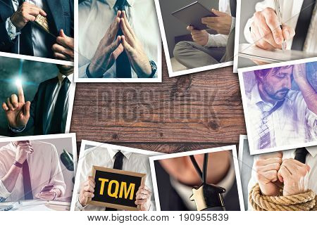 Man in business and entrepreneurship photo collage over wooden background