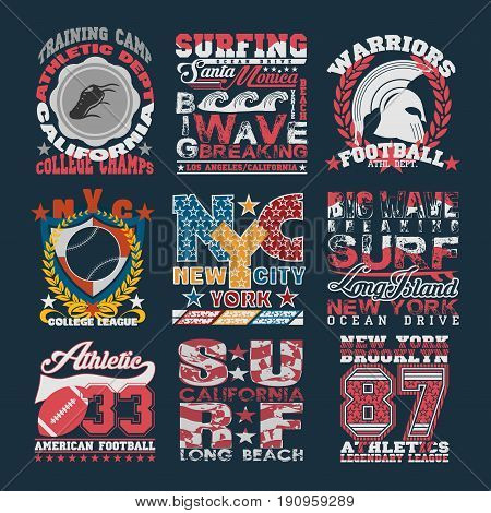 Sport Typography Graphics emblem set T-shirt Printing Design. Athletic original Vintage Print for sportswear apparel