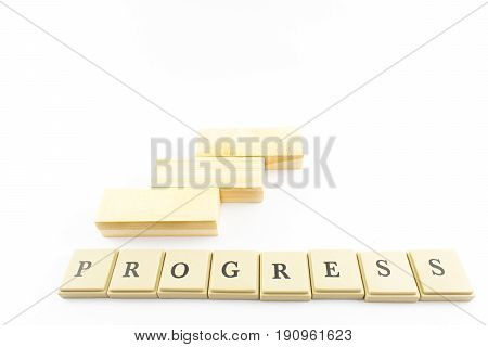 Wooden ladder with chips that say ''progress''. On a white background.
