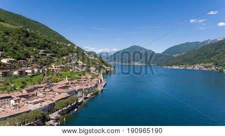 Aerial landscape of Lugano Lake near Morcote