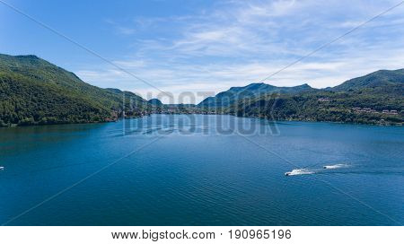 Aerial landscape of Lugano Lake near Morcote