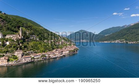 Aerial landscape of Lugano Lake near Morcote