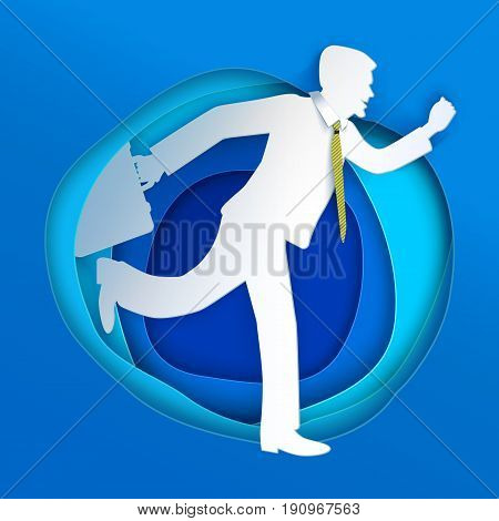 Business man running away. Paper art cut style. Vector illustration graphic design. Manager with case and tie go on.