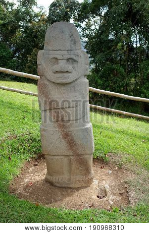 An ancient burial statue in San Agustin archaeological park Colombia