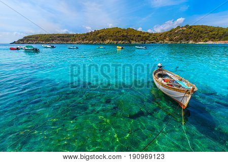 Boat on the sea in Elba Island Tuscany Italy.