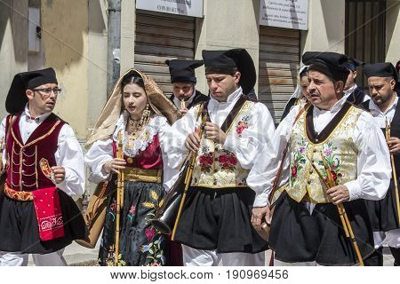 CAGLIARI, ITALY - MAY 1, 2017: 361 Religious procession of Sant'Efisio - group of launeddas musicians who play in Sardinian traditional costume - Sardinia