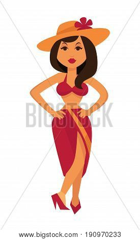 Tanned brunette woman in maroon swimsuit, straw hat with small flower, long poreo and stiletto shoes isolated vector illustration on white background. Female character in summer stylish look.