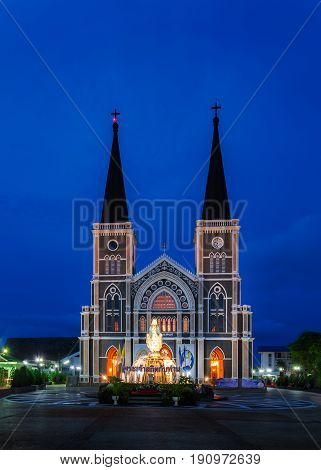 Chanthaburi Thailand - May 29 2016: The Cathedral of the Immaculate Conception in night time landmark of Chanthaburi