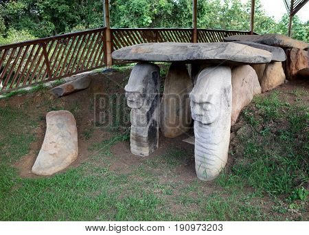 An ancient burial site guarded by statues in San Agustin archaeological park Colombia