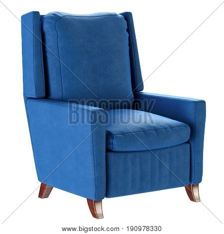Simple scandinavian style blue armchair with wooden legs. Soft furniture. 3d render illustration.