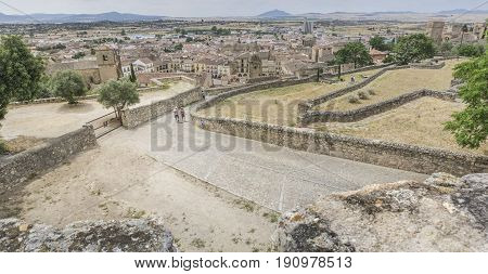 Trujillo Spain - June 4 2017: Panoramic view from Castle to the centre of medieval Trujillo town. Caceres Extremadura Spain