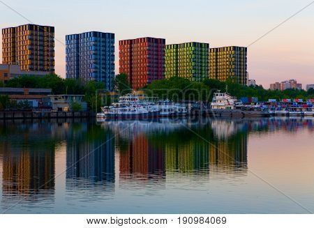 Moscow Russia June 12 2017: New buildings in Moscow at dawn. New multi-colored houses on the Projected passage (opposite the Nagatinskaya embankment).