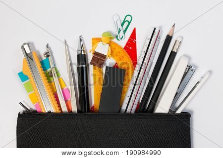 Education Object Pencil Bag Or Pencil Box With Education Supplies. Education Background With Black P