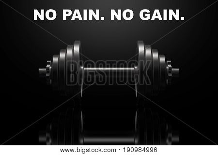 Dumbbell on a black reflective surface. Professional studio lighting from above. The silhouette of a heavy metal dumbbell. Cast iron discs and handle. Landscape orientation. 3D illustration.