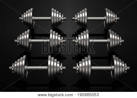 Dumbbells on a black reflective surface. Professional studio lighting. Array of heavy metal dumbbells. Cast iron discs and handle. Training equipment. 3D illustration