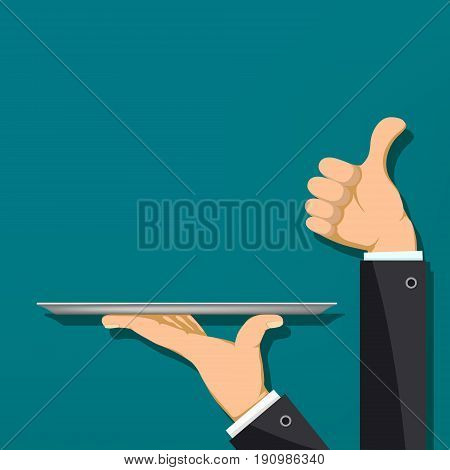 Waiter holds a tray in his hands. Stock vector flat graphic.