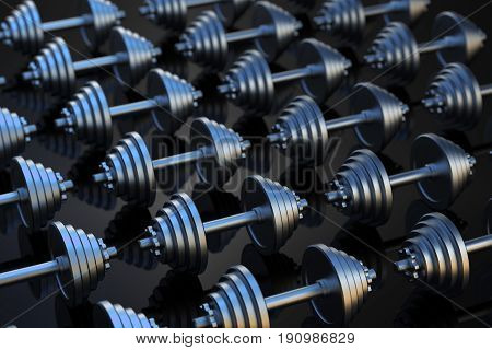Dumbbells on a black reflective surface. Professional studio lighting. Array of heavy metal dumbbells. Cast iron discs and handle. Training equipment. 3D illustration