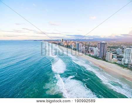 Looking south from Surfers Paradise towards Broadbeach on the Gold Coast at sunrise