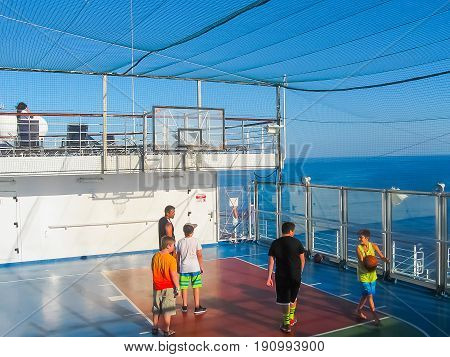 Miami, United States of America - January 12, 2014: The people resting at Carnival Glory Cruise Ship, the ship leaving Miami, USA on January 12, 2014. Carnival Glory is a Conquest-class cruise ship built in 2003 with capacity of 2974 passengers. The view 