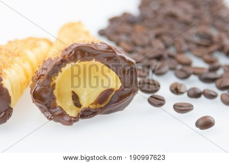Delicious Sicilian Cannolo Cannellino Sweet With Pastry Hazelnut Near Coffee Beans