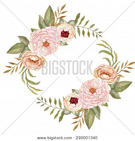 Watercolor Floral Wreath, Flower Frame, Hand Painted Botanical Illustration For Wedding Invitation T