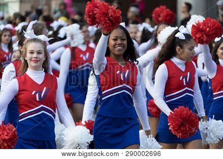 Houston, Texas, USA - November 23, 2017, The H-E-B Thanksgiving Day Parade in Houston began in 1949, when Santa arrived at Union Station and rode his sleigh to the downtown Foley’s. A holiday tradition showcasing the Houston community on Thanksgiving morn
