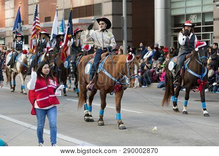 Houston, Texas, USA - November 23, 2017, The H-E-B Thanksgiving Day Parade in Houston began in 1949, when Santa arrived at Union Station and rode his sleigh to the downtown Foley’s. A holiday tradition showcasing the Houston community on Thanksgiving morn