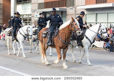 Houston, Texas, USA - November 23, 2017, The H-E-B Thanksgiving Day Parade in Houston began in 1949, when Santa arrived at Union Station and rode his sleigh to the downtown Foley’s. A holiday tradition showcasing the Houston community on Thanksgiving morn