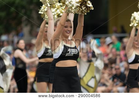 Indianapolis, Indiana, USA - May 26, 2018, Purdue University Cheerleaders perform at the Indy 500 Parade
