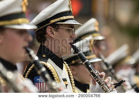 Indianapolis, Indiana, USA - May 26, 2018,  The Purdue University All American Marching Band performs at the Indy 500 Parade