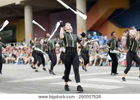 Indianapolis, Indiana, USA - May 26, 2018,  Members of the Ben Davis High School Band perform at the Indy 500 Parade