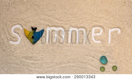Summer White Letters With Summer Details On Sand Background, Flatlay, Top View.