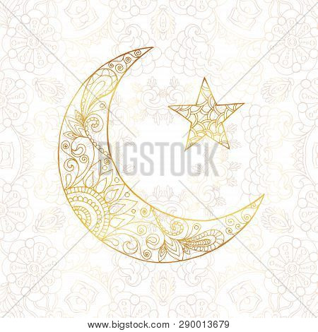 Ramadan Kareem Greeting Design Illustration. Golden Ornamental Halfmoon With Star On The White Gold 