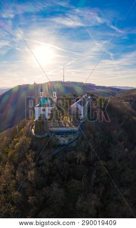 Beautiful Drone Shot Of Leopoldsberg In Viennas Suburbs With Sun In The Background