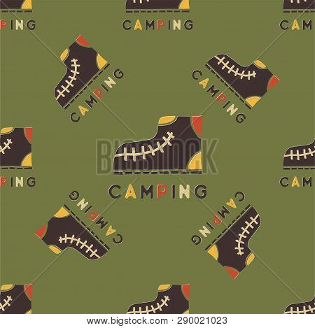 Camping Pattern Design - Outdoors Adventure Seamless Background With Camp Boots. Unusual Cartoon Dis